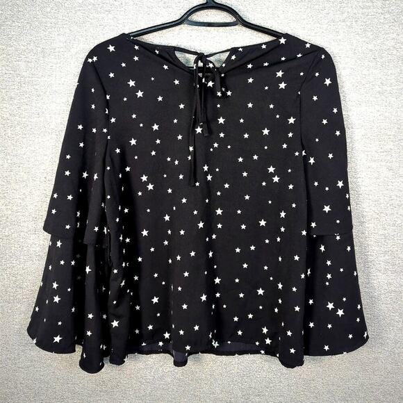 JOA J.O.A. BLACK STAR PRINT BELL RUFFLE SLEEVE BLOUSE SHIRT SZ S - Picture 2 of 10